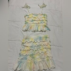 STORIA two piece ruffled tank and skirt set 
Rainbow tie dye eyelet skirt set